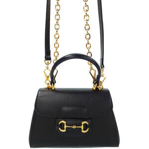 Gucci Horsebit 1955 leather tote bag top handle detachable chain Black